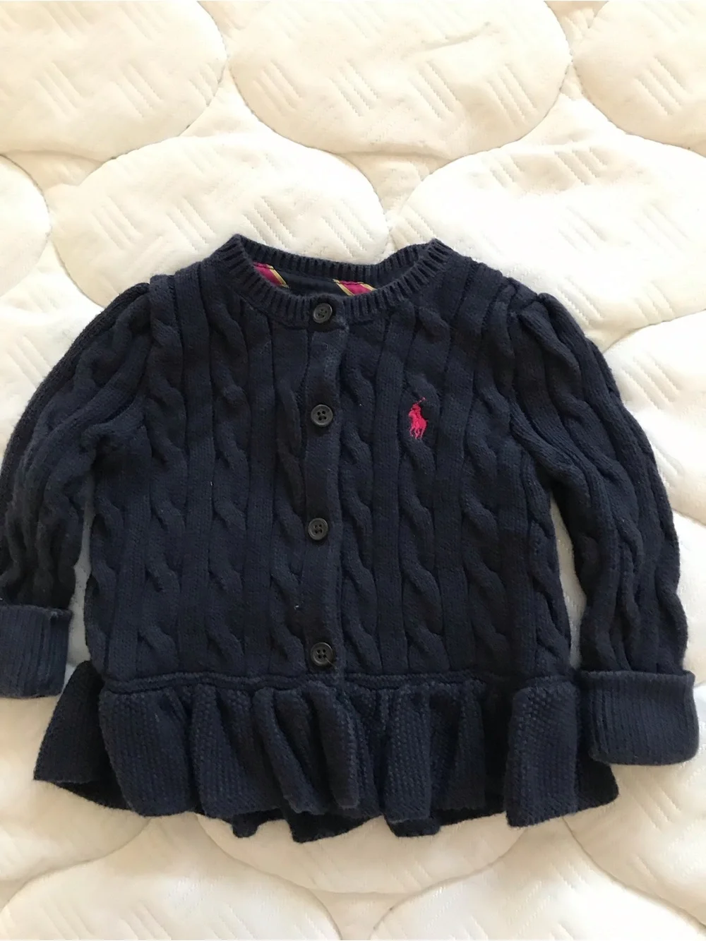 Ralph Lauren Navy Cable Knit Cardigan with Pink Pony Accent